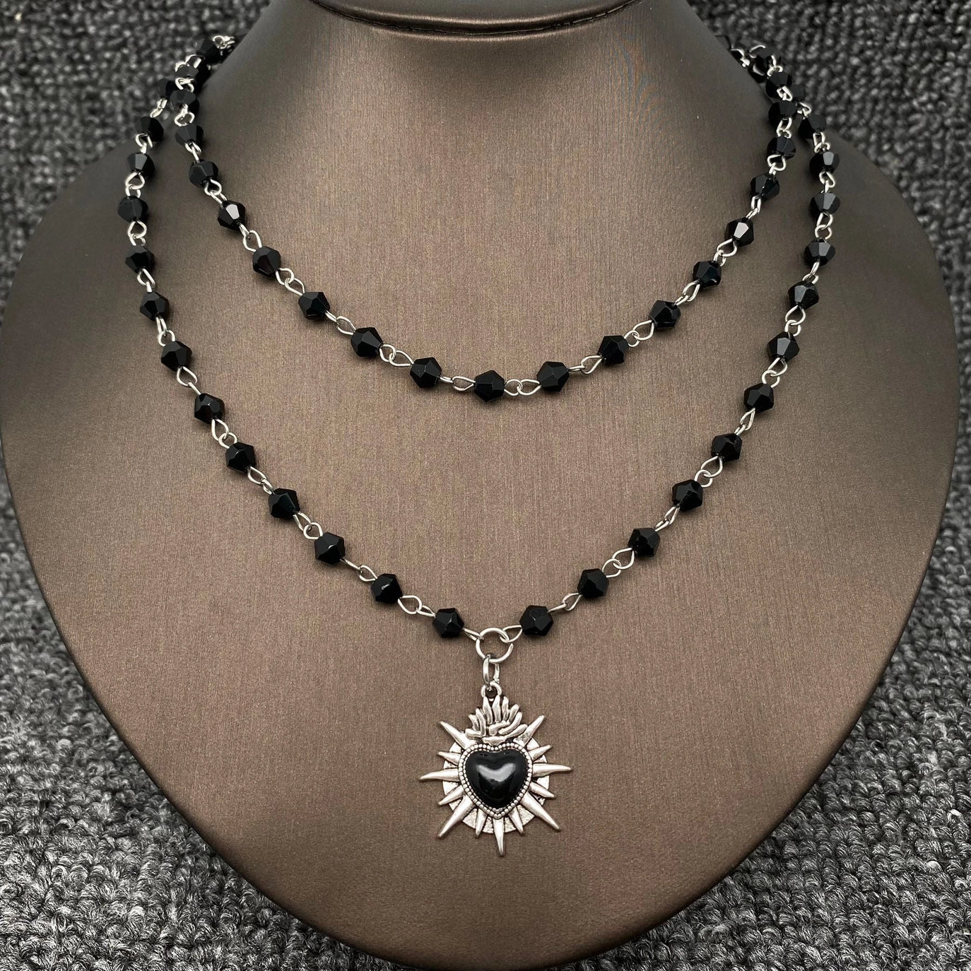 Black Heart Double Layered Crystal Beaded Necklace