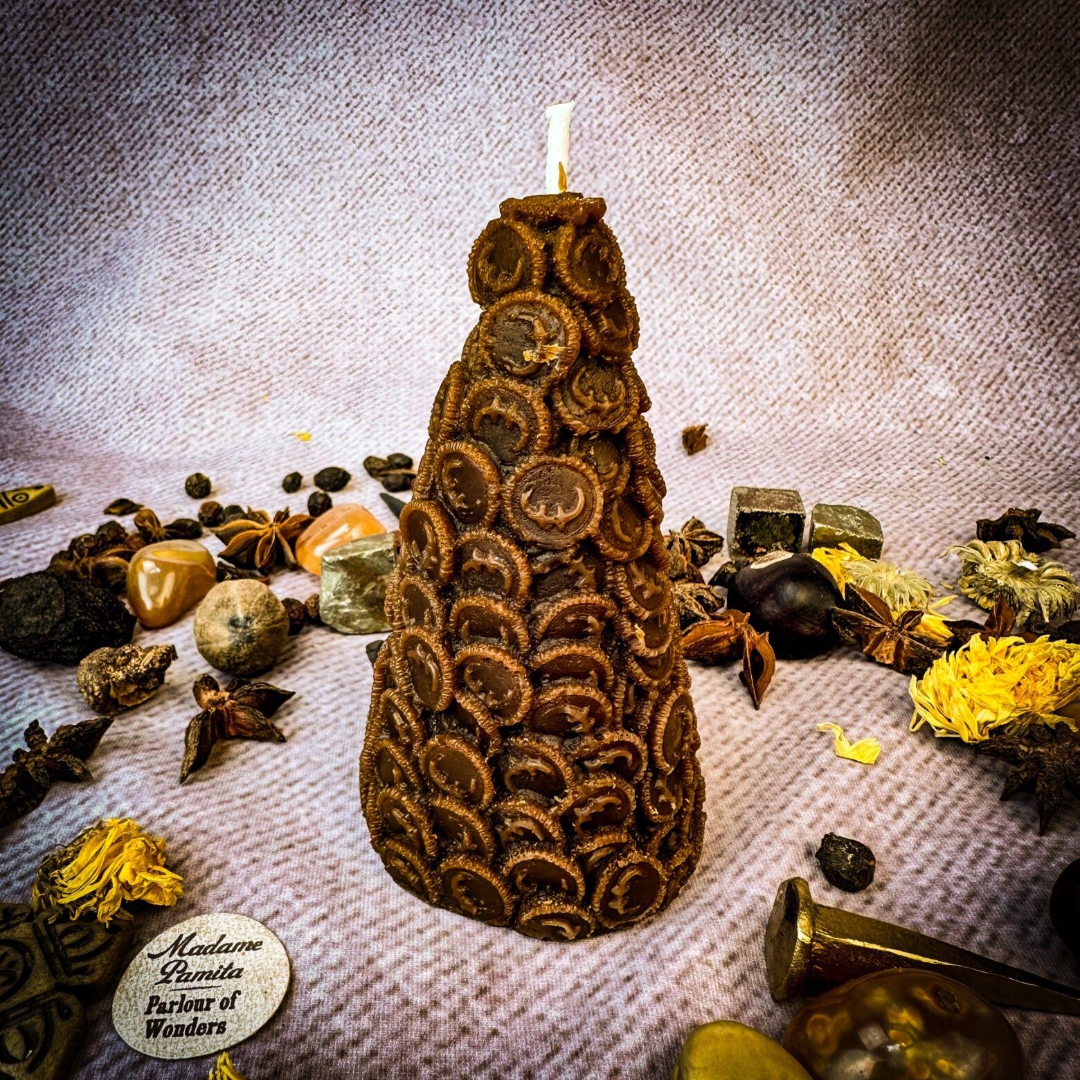 Beeswax Cone of Coins Spell Candle