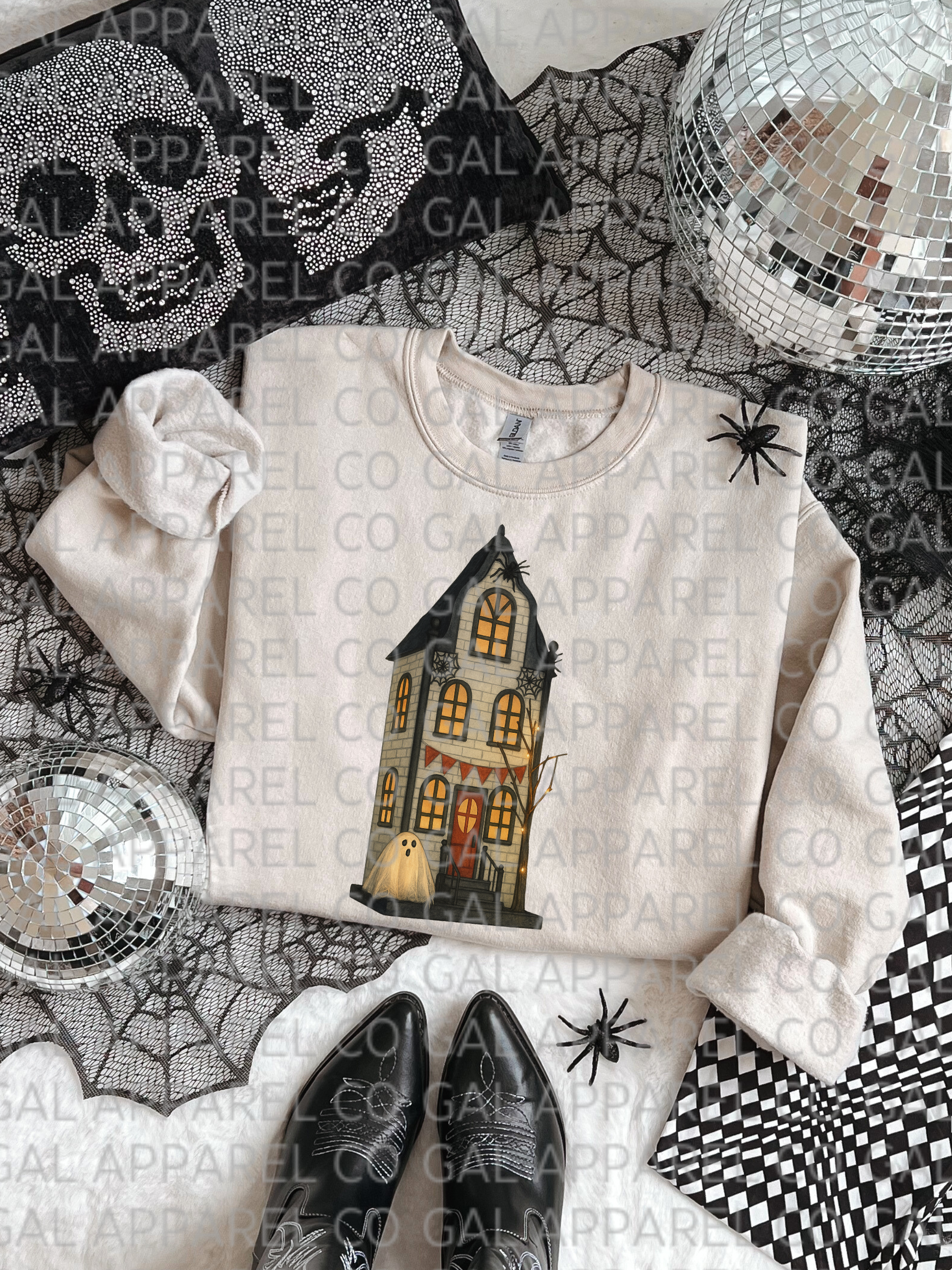 Ghost & Graveyard House “The Restless Retreat” Tee or Sweatshirt – Spooky Halloween Haunted House Shirt