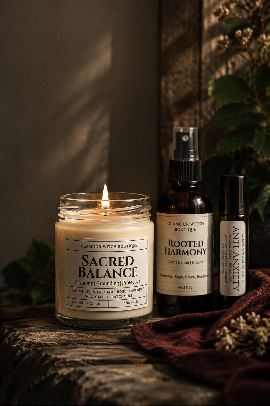 A styled product arrangement on a rustic wooden surface featuring a lit candle labeled 'Sacred Balance' by Balancer Witch Boutique, alongside a dark amber spray bottle labeled 'Rooted Harmony' and a small black roller bottle labeled 'Anxiety' by the same brand. The scene includes dried flowers, a dark cloth, and a dark wood background with soft shadows.